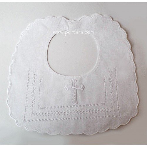 White Linen Christening Baby Bib with a Cross 