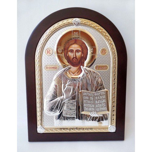 Silver and Gold Plated Jesus on a Mahogany Wood Icon 