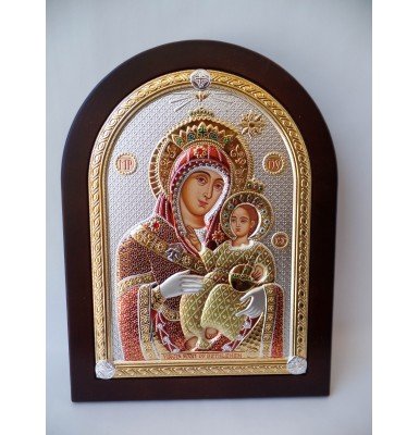 Colorful Virgin Mary Silver with Gold Icon on a Mahogany Wood