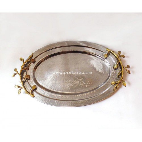 Oval Hammered Stainless Steel Tray with Artistic Golden Handles