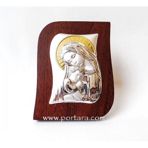 Silver and Gold on a Mahogany Tree Virgin Mary and Child Icon Gift Idea