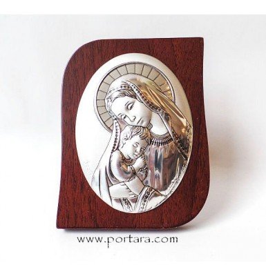 Virgin Mary and Child Rectangular Silver Plated on a Mahogany Tree Icon Gift Idea