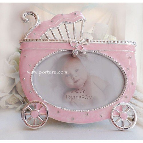 Baby Carriage in Pink and Silver Photo Frame with Crystals