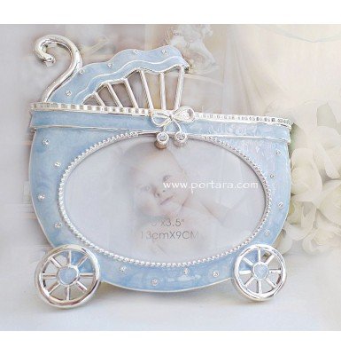 Baby Carriage in Light Blue and Silver Photo Frame with Crystals