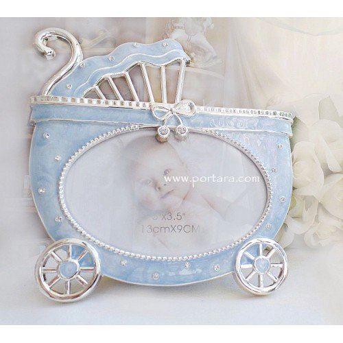 Baby Carriage in Light Blue and Silver Photo Frame with Crystals