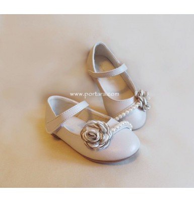 Champagne Color Girl's Shoes with a Satin Flower and Pearls