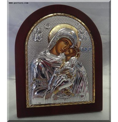 Amazing Virgin Mary Silver with Gold Icon on Mahogany Wood