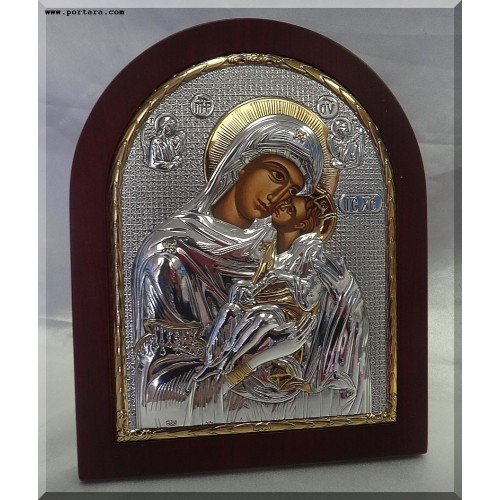 Amazing Virgin Mary Silver with Gold Icon on Mahogany Wood