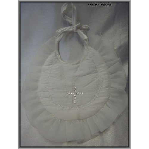 Girls Pearl White Silk Baptismal Bib with Swarovski Crystals AB Cross