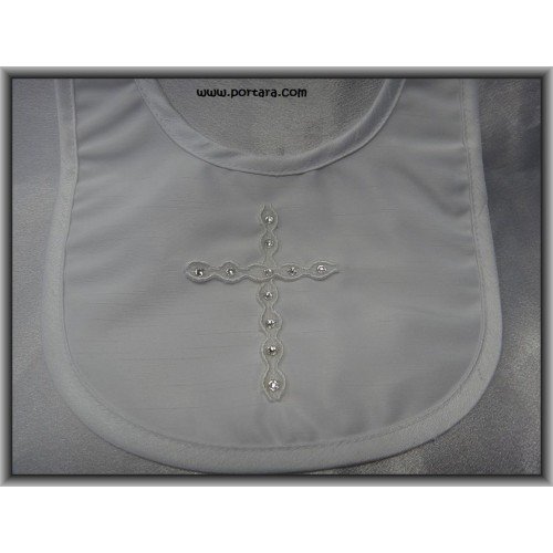 Girls White Satin Cross Baptismal Bib with Swarovski Crystals AB