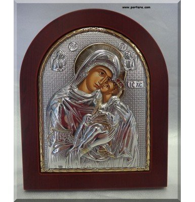 Virgin Mary Silver with Gold Icon on Mahogany Wood