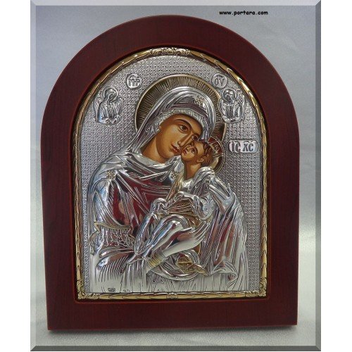 Virgin Mary Silver with Gold Icon on Mahogany Wood