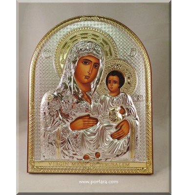Virgin Mary of Jerusalem ~ Silver and Gold on a Mahogany Wood Icon