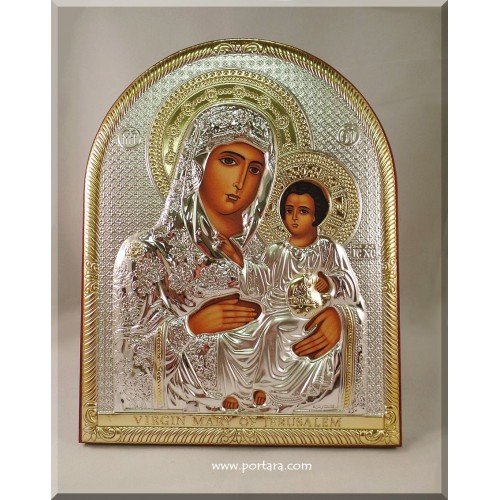 Virgin Mary of Jerusalem ~ Silver and Gold on a Mahogany Wood Icon