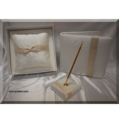 Ivory Embroidered Gold Thread Guest Book with Pen and Pillow Set